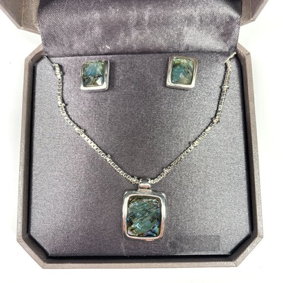 Dillards Faux Opal Necklace & Earring Jewelry Set Silver Tone/Blue Green NIB - Picture 3 of 10